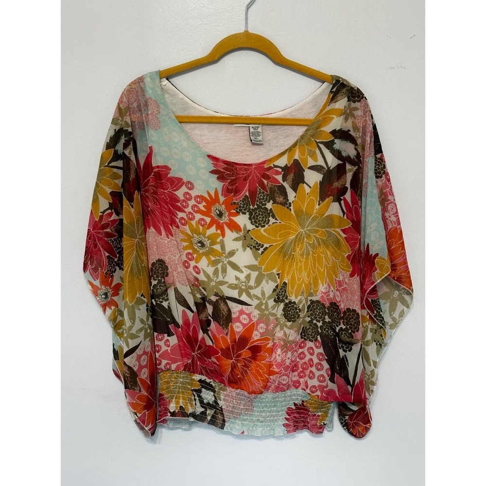 American Rag Floral Flutter Sleeve Smocked Waist Blouse XL Multi Color Boho